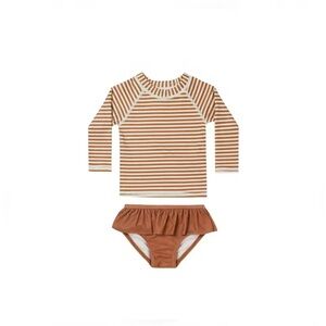 Rylee + Cru Rust Brown Striped Baby Girl Rashguard Swim Set, 0-3 months